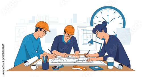 Team of architects and engineers in hard hats collaborates on a building blueprint at a desk in a busy design office._.#