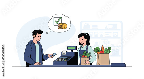 Young man makes a contactless payment with his smartphone at a grocery store checkout with a friendly female cashier.._#