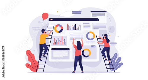 Team of people on ladders works together to build and analyze a large interactive dashboard with charts and data..._#_