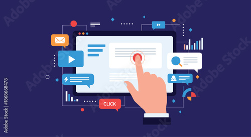 Hand pointing and clicking on a button on a computer screen representing user interface interaction and web navigation.._.