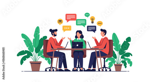 Diverse business team sits at a table with laptops having a creative discussion and brainstorming new ideas for a project.