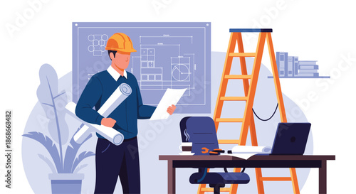 Male architect or engineer in a hard hat reviews blueprints and construction plans at a modern office worksite desk._.#