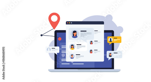 Human resources concept showing a laptop with candidate profiles for online recruitment and location-based hiring.._#_#