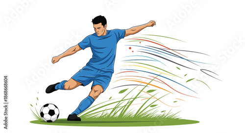 Soccer player in a blue uniform kicks a football with great force creating a dynamic swoosh effect on the grass field..