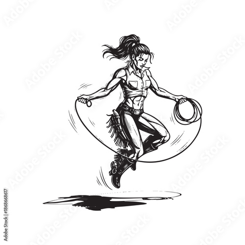 Cowgirl with lasso jumping mid-air