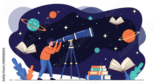 Young boy looks at the stars and planets in the night sky through a telescope surrounded by books about astronomy.._#_#