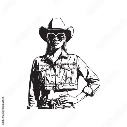 Stylish cowgirl in denim and sunglasses, black and white illustration