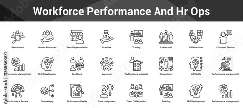 Workforce Performance And Hr Ops Cohesive set of minimalist vector icons representing key ideas with visual clarity