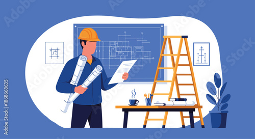 An architect or engineer in a safety helmet stands in an office holding blueprints and reviewing a construction plan._.#