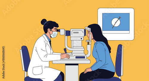 Female ophthalmologist wearing a face mask uses a slit lamp machine to perform an eye examination on a patient..#_#_#