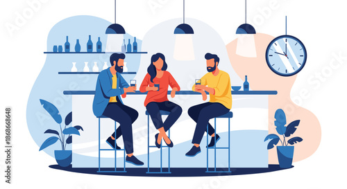 Group of three friends socializing and enjoying drinks at a modern bar counter during their leisure time on the weekend..