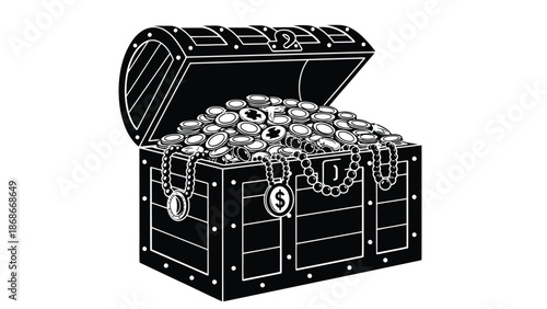 Black treasure chest filled with coins and jewelry on , flat illustration isolated on white background
