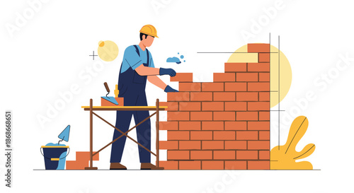 Construction worker in a hard hat and overalls carefully lays bricks to build a wall at a building construction site.._
