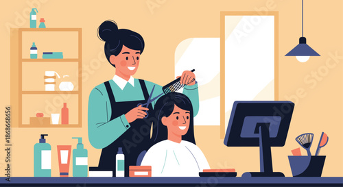 A friendly female hairstylist gives a haircut to a smiling young woman in a modern and well-equipped beauty salon.._#_#