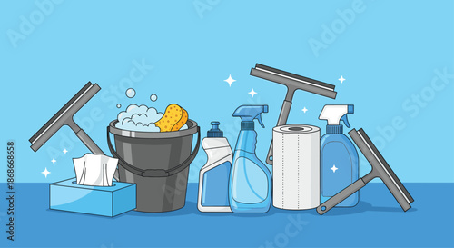 A set of cleaning supplies including sprays squeegees a bucket with foam and paper towels for household chores..#_#_#_#