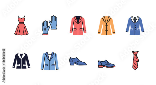 A collection of clothing and accessory icons for men and women including a dress coat suit shoes and a tie for fashion.#