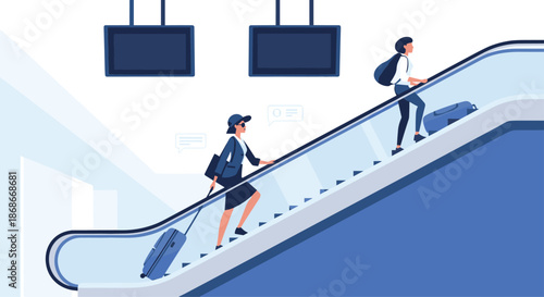 Two women with luggage travel up an escalator at an airport or train station on their way to a business trip or vacation.#