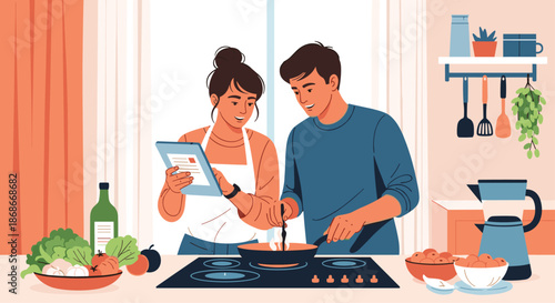 Happy young couple cooks a healthy meal together in a modern kitchen following a recipe on a digital tablet..#_#_#_#_#_#