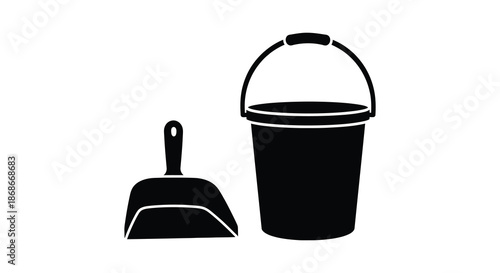 A simple black and white depiction of a bucket and shovel in silhouette