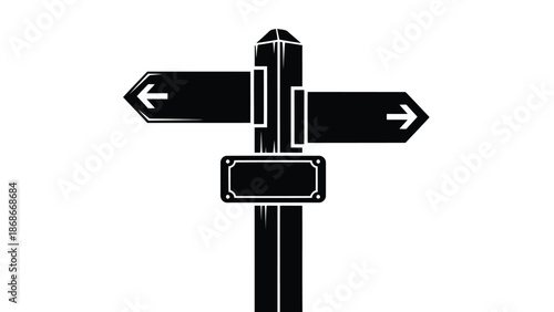 Black silhouette of a signpost with two directional arrows and a blank sign isolated on white background