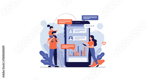 A young family uses a large smartphone for online communication and managing their digital life and social media..#_#_#_#