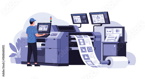 A male operator works on a large industrial printing press machine in a modern print shop or factory environment..#_#_#_#