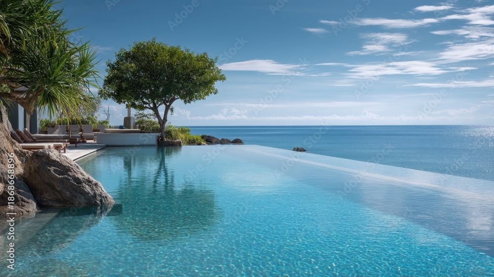 Fototapeta premium Serene infinity pool overlooking ocean and clear blue sky on a sunny day.