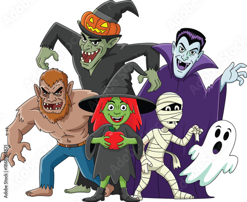 Cute Halloween monster characters set cartoon witch vampire mummy ghost werewolf vector illustration isolated on white background for kids design