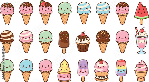 Cute ice cream characters, frozen treat icons, popsicle cartoon set, dessert illustration grid, smiling sweets, colorful vector clipart