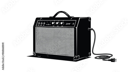 Black guitar amplifier with power cord on , flat illustration isolated on white background