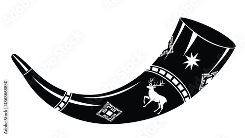 Black silhouette of an ornate horn with animal and star designs on a isolated on white background