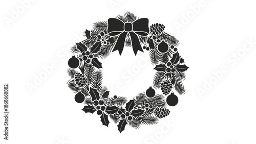 Black silhouette Christmas wreath with bow and ornaments isolated on white background