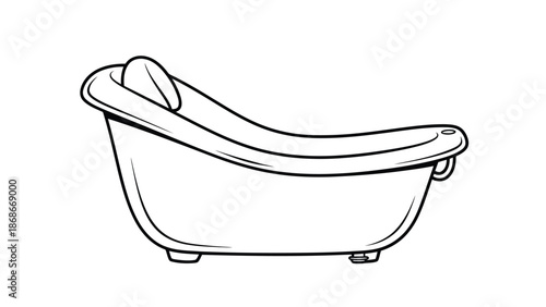 Black line drawing of a freestanding clawfoot bathtub with a headrest in a flat vector style isolated on white background