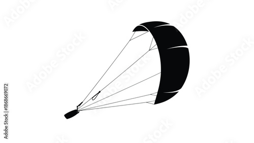 Black silhouette of a paraglider flying through the air with a parachute isolated on white background