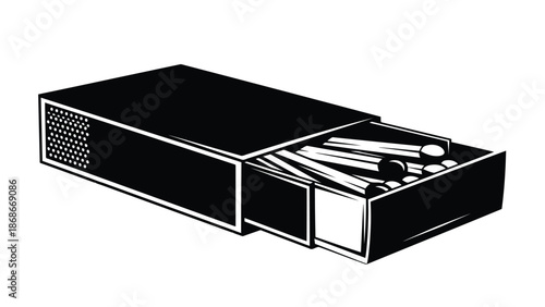 Black and white flat illustration of a billiards pool cue stick box with one drawer open on a isolated on white background