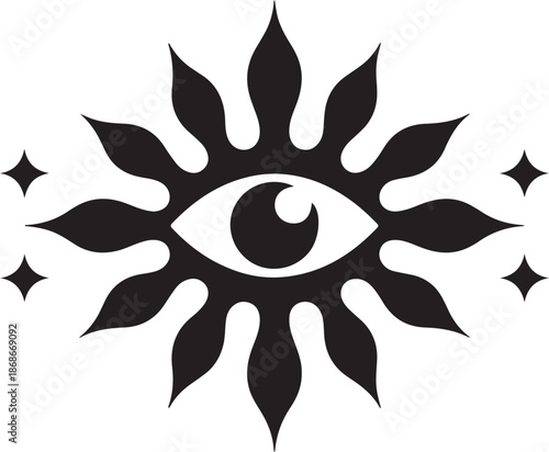 Black and white stylized sun with curved rays and a central swirl