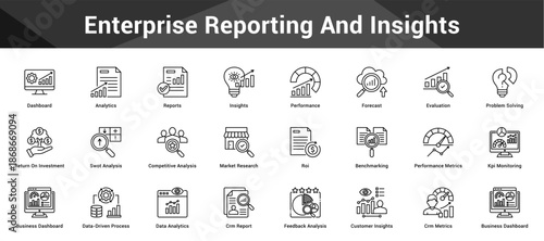 Enterprise Reporting And Insights Cohesive set of minimalist vector icons representing key ideas with visual clarity