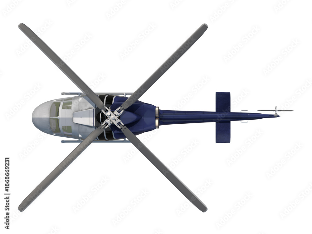 Fototapeta premium Top view of a modern helicopter with its rotors spread out against a white background