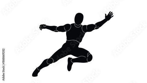 Black silhouette of a man jumping with arms outstretched in a dynamic pose isolated on white background