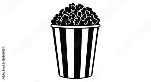A striking black and white illustration of a popcorn bucket full and ready for movie night silhouette