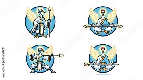 Set of Four Crane Monk Character Illustrations in Martial Arts and Meditation Poses with Staff