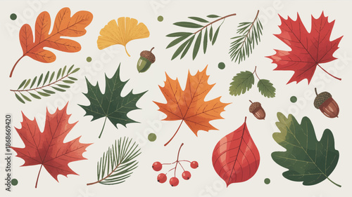 colorful autumn leaves and acorns on beige background