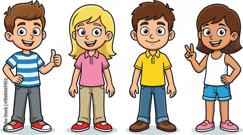 Happy cartoon kids characters set smiling boys and girls flat vector illustration isolated on white background for education design projects