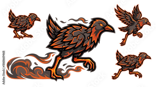 Aggressive Black and Orange Phoenix Bird Mascot Logo Set for Esports and Gaming Team Identity