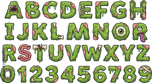 Horror slime alphabet vector illustration set with monster letters numbers spooky green typography for halloween design games posters branding
