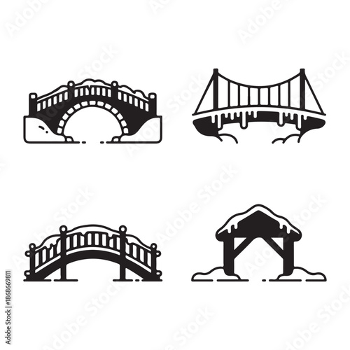 Winter park bridge silhouette vector artwork in snowy environment