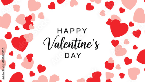 Happy Valentine’s Day romantic greeting card with red and pink hearts frame, love message clean modern flat illustration