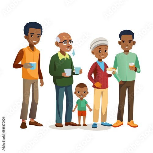 African man of different life stages cartoon characters. Baby, child, teenager, adult, mature and old persons vector illustration isolated
