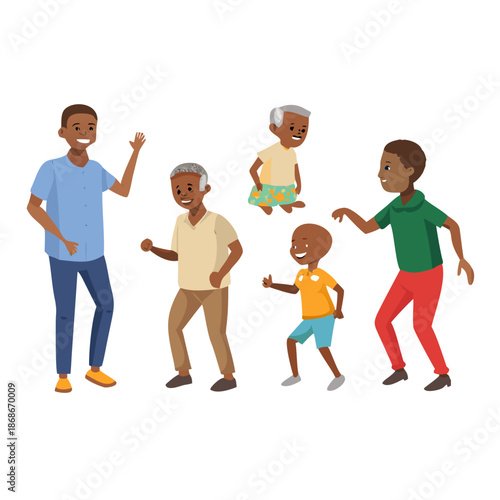 African man of different life stages cartoon characters. Baby, child, teenager, adult, mature and old persons vector illustration isolated
