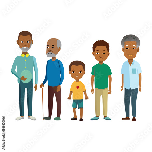 African man of different life stages cartoon characters. Baby, child, teenager, adult, mature and old persons vector illustration isolated
